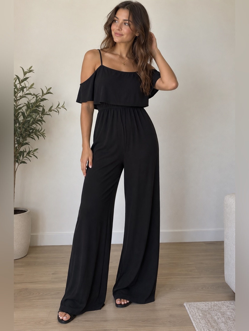 Express Black Cold Shoulder Wide Leg Jumpsuit Size Small Overlay Romper